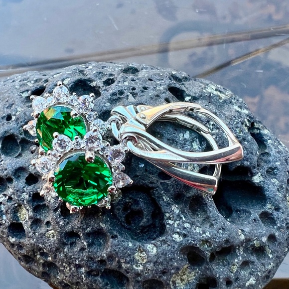 Halo Emerald Earrings Sterling Silver 925 , May Birthstone - Picture 2 of 11